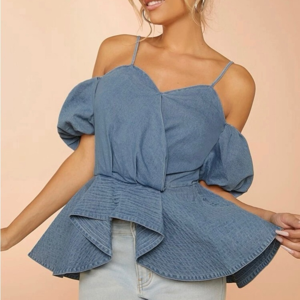 Denim Peplum Cold Shoulder Top